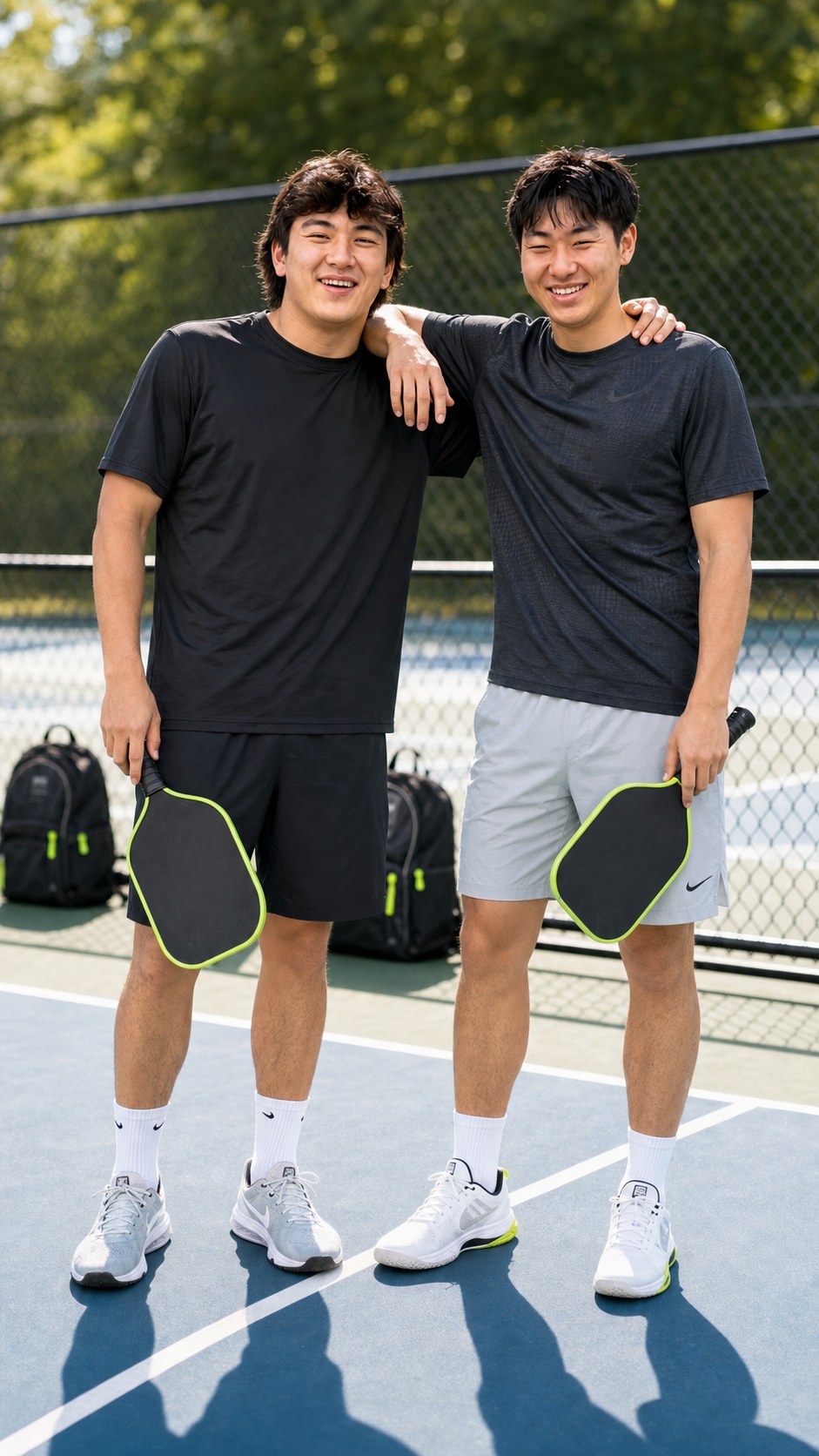 Ethan and Liam on a pickleball court with BLKLST bags in the background.