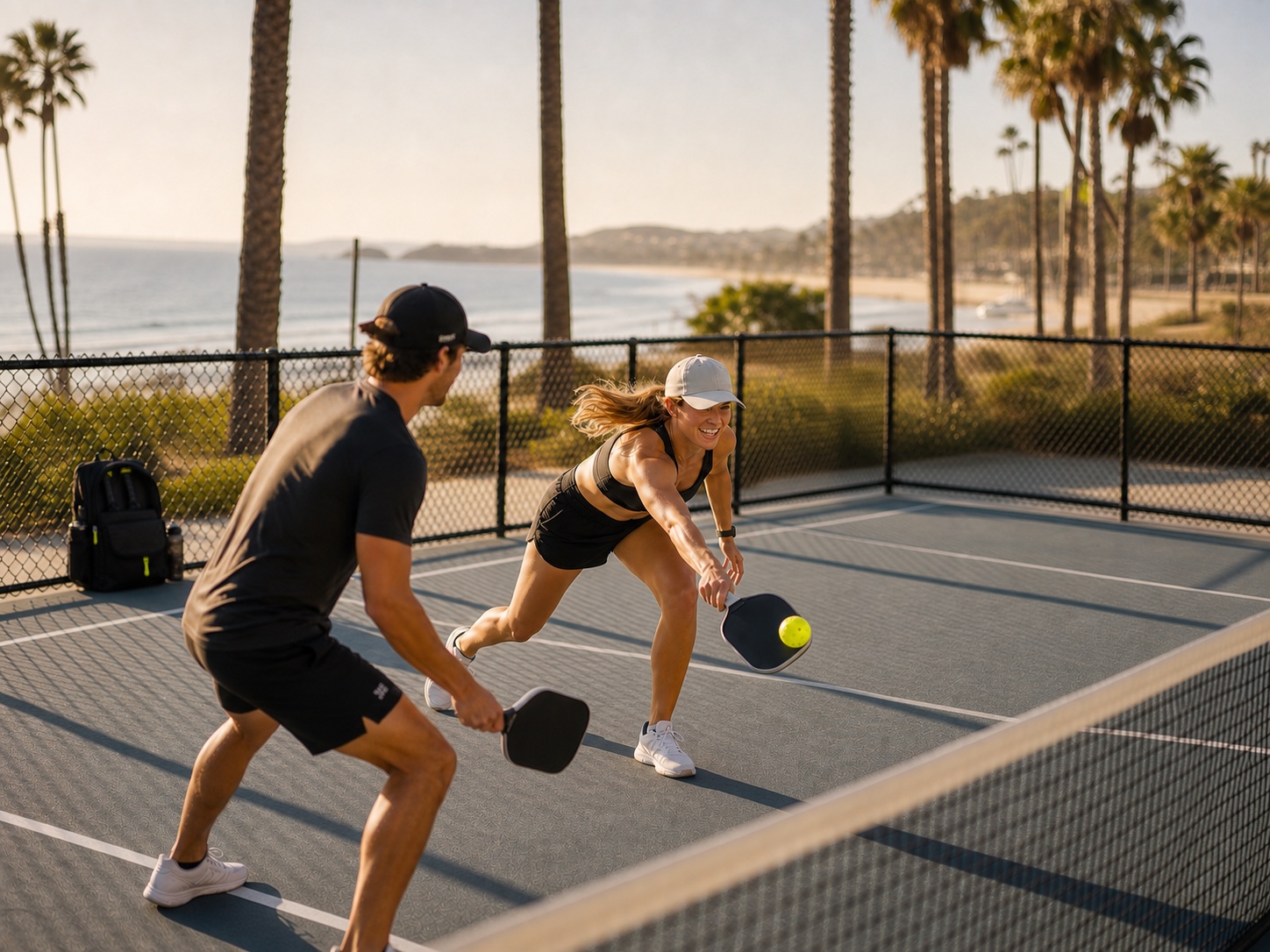 Friends playing pickleball on a beach-front court with a BLKLST backpack near the fence.