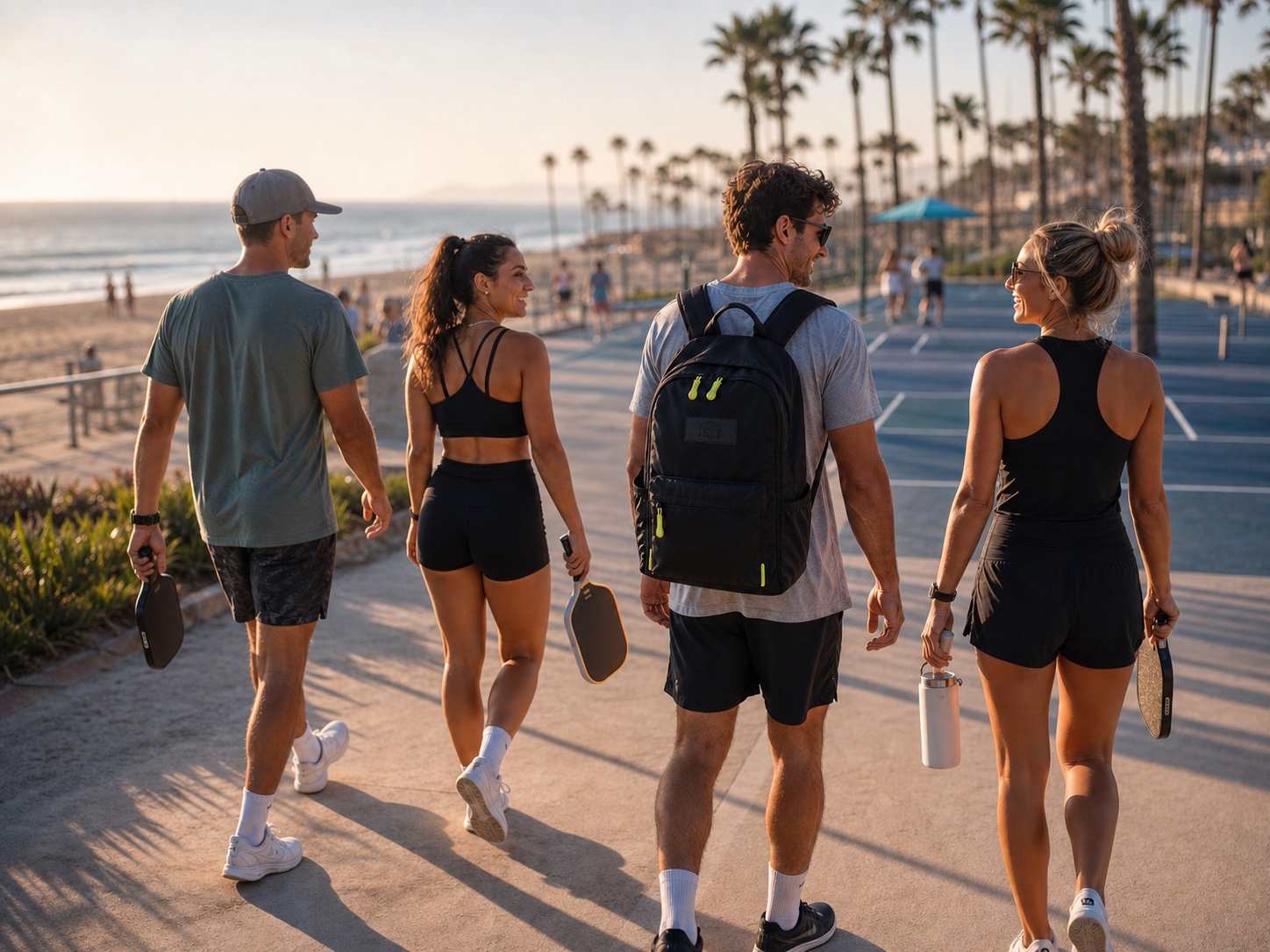 Friends walking toward beach-front pickleball courts with one person wearing a BLKLST backpack.