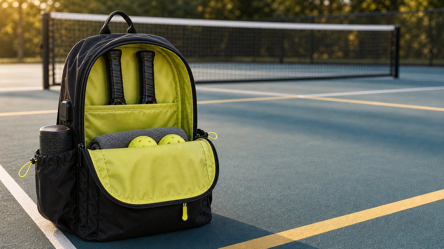 Open BLKLST bag packed with pickleball paddles, balls, towel, and a speaker.